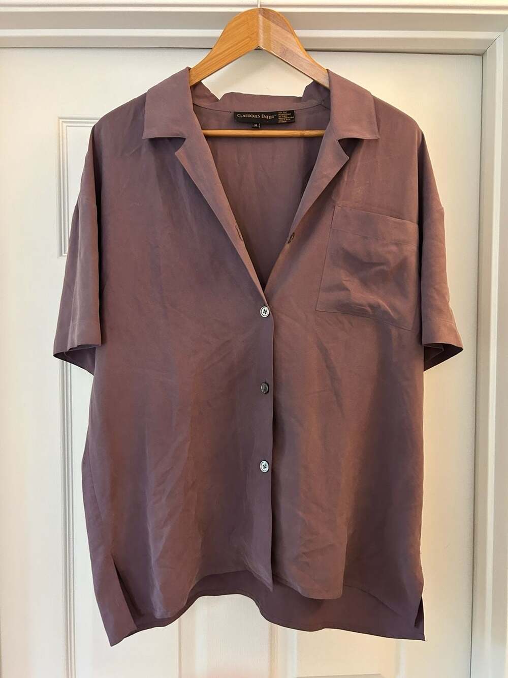 Vintage Classiques Entier 100% Silk Mauve Short Sleeve Button Down Shirt Size M